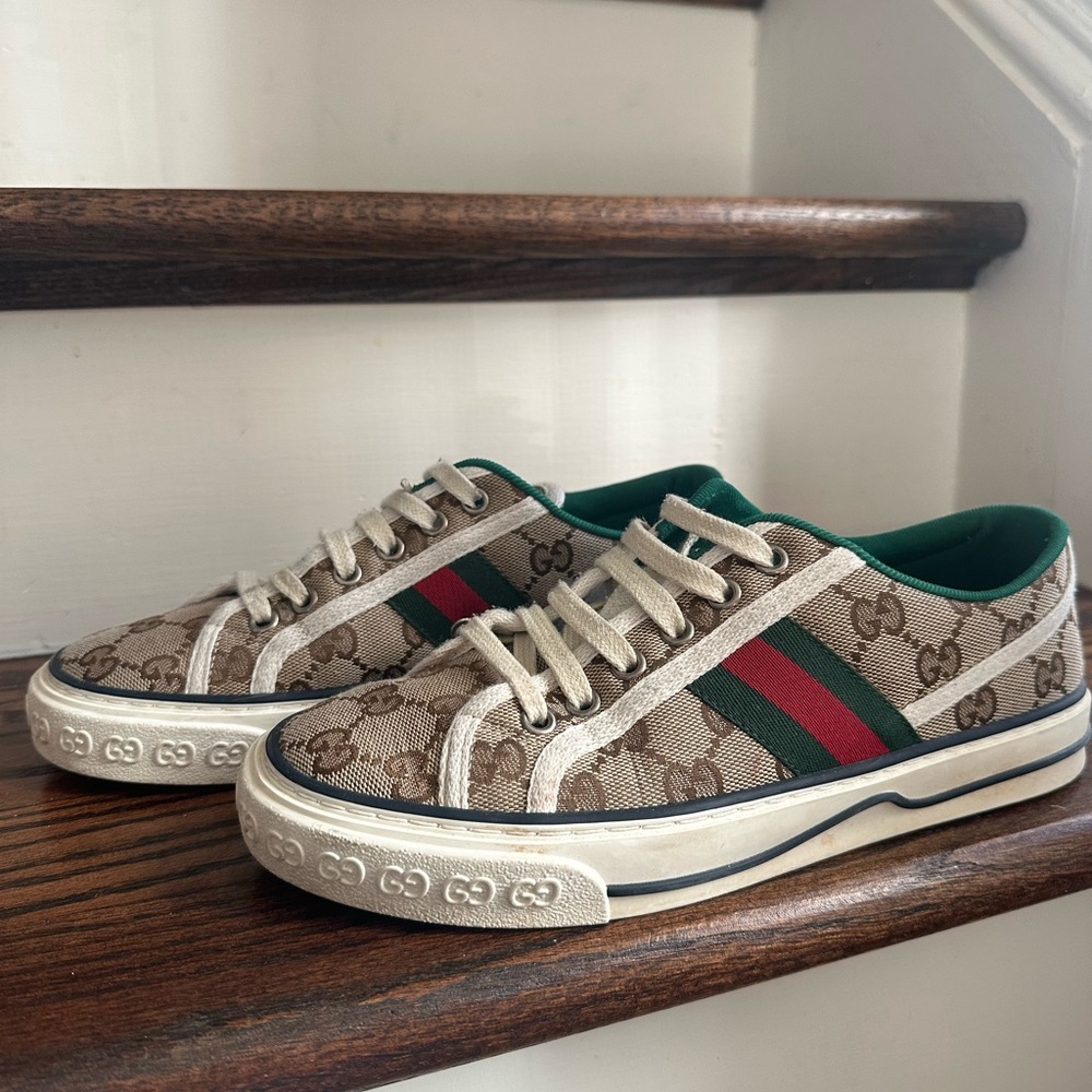 Gucci Monogram Canvas Sneakers with Red and Green Stripes